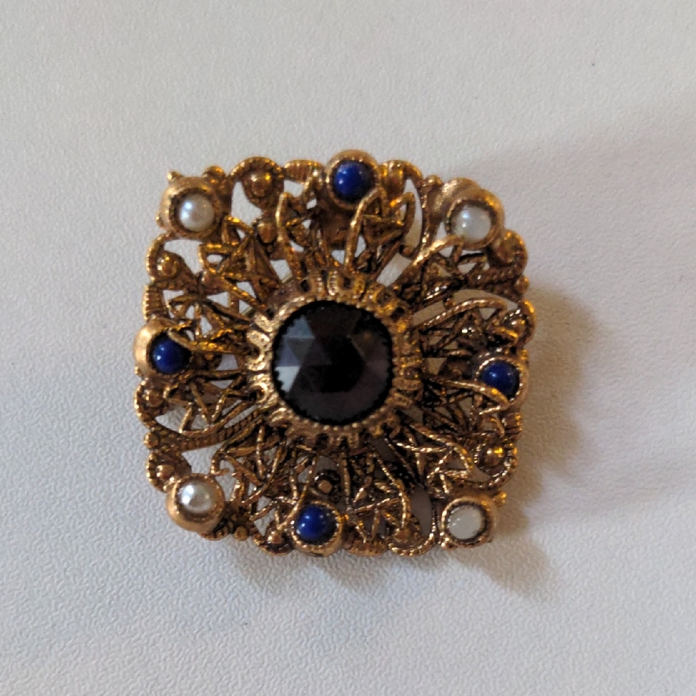 Czech Glass 1950s Victorian Revival Red Brooch Gold Tone Intricate Faux Stones